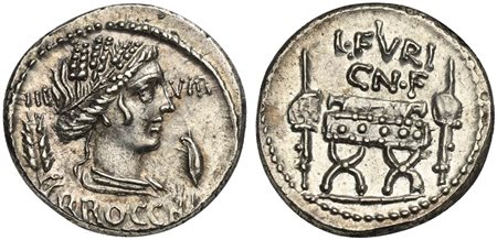 L. Furius Cn.f. Brocchus, Denarius, Rome, 63 BC; AR (g 3,90; mm 18; h 8);...