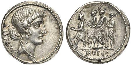 M. Junius Brutus, Denarius, Rome, 54 BC; AR (g 4,14; mm 19; h 6); Head of...