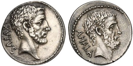 M. Junius Brutus, Denarius, Rome, 54 BC; AR (g 3,52; mm 18; h 6); Head of L....