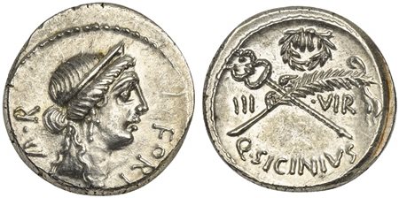 Q. Sicinius, Denarius, Rome, 49 BC; AR (g 3,82; mm 18; h 9); Diademed head of...