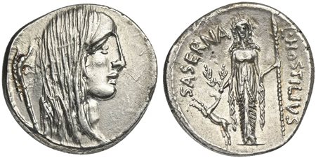 L. Hostilius Saserna, Denarius, Rome, 48 BC; AR (g 3,93; mm 19; h 9); Female...