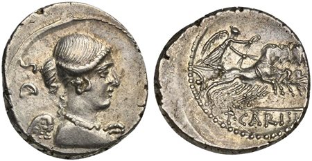 T. Carisius, Denarius, Rome, 46 BC; AR (g 4,11; mm 19; h 3); Draped bust of...