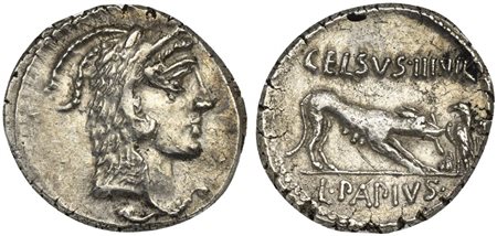 L. Papius Celsus, Denarius, Rome, 45 BC; AR (g 4,20; mm 19; h 7); Head of...