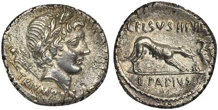 L. Papius Celsus, Denarius, Rome, 45 BC; AR (g 3,62; mm 18; h 3); Laureate...