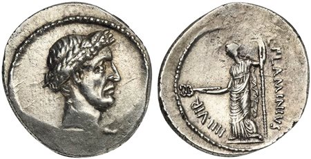 L. Flaminius Chilo, Denarius, Rome, 43 BC; AR (g 3,81; mm 20; h 6); Laureate...