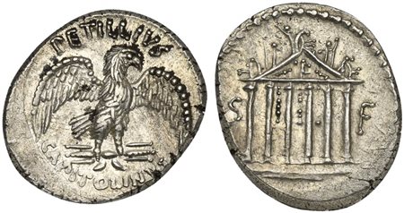 Petilius Capitolinus, Denarius, Rome, 43 BC; AR (g 3,99; mm 18; h 11); Eagle...