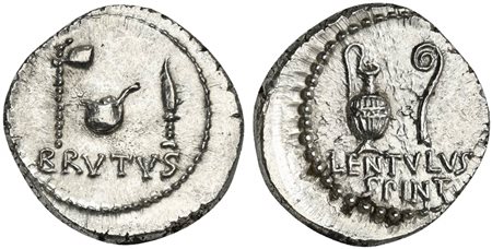 M. Junius Brutus and P. Cornelius Lentulus Spinther, Denarius, Military mint...