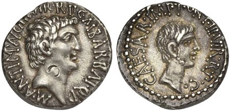 M. Antonius and C. Caesar Octavianus with M. Barbatius, Denarius, Military...