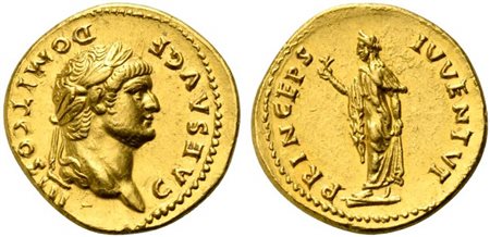 Domitian, as Caesar, Aureus struck under Vespasian, Rome, AD 75; AV (g 7,36;...