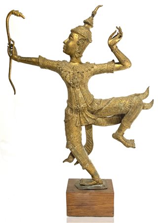 Origine Birmania. Antica statuetta in bronzo dorato. Arciere che scaglia la...