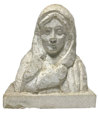 Scultura di Madonna in pietra modicana, XX secolo, scultore Migliore. H cm...