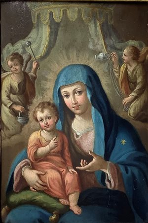 Dipinto ad olio su rame raffigurante Madonna della mano santa, fine XVIII...