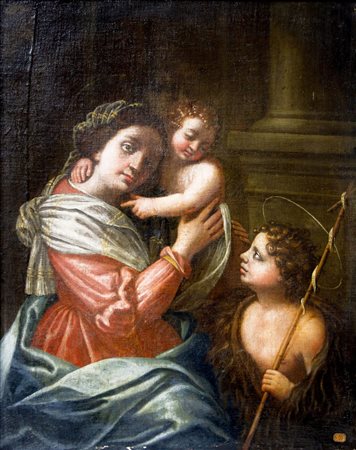 Dipinto ad olio su tela raffigurante Madonna con bambino e S. Giovannino....