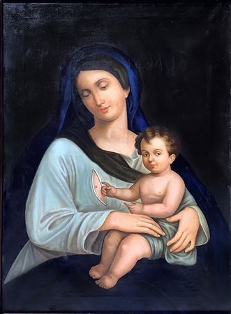 Dipinto ad olio su tela raffigurante Madonna del latte con bambino. Fine XIX....