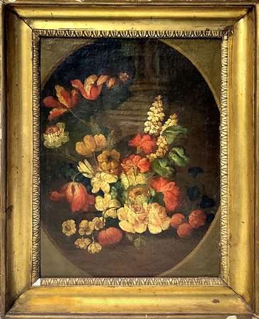 Olio su tela raffigurante natura morta di fiori, XVII-XVIII Secolo. Cm 50x36,...