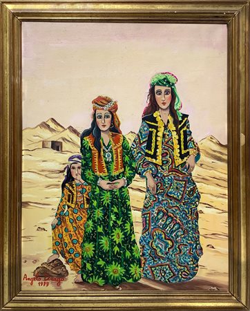 Dipinto naif ad olio su tela raffigurante donne nel deserto. Cm 51x40....