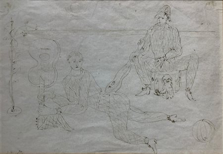 Disegno a china bruna su carta raffigurante personaggi circensi. Firmato in...