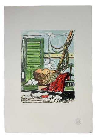 Serigrafia raffigurante natura morta di M. Jannelli. Firmata a mano . Cm 70x50.