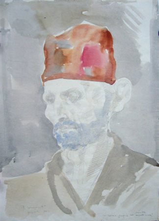 Longaretti Trento "Uomo grigio con berretta rossa "acquarello su carta cm 44...
