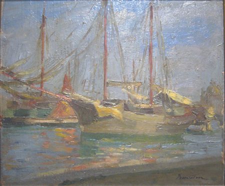 Bartolini luigi " barche di Chioggia " olio su tavola cm 22 x 26 anno 1914...
