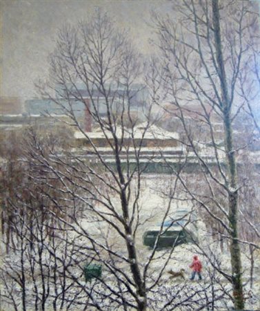 Artista Russo - anonimo " paesaggio imbiancato " olio su cartone cm 41 x 34...