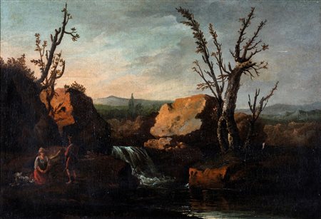 Alessio De Marchis - Paesaggio fluviale con figure - olio su tela - cm 70x103