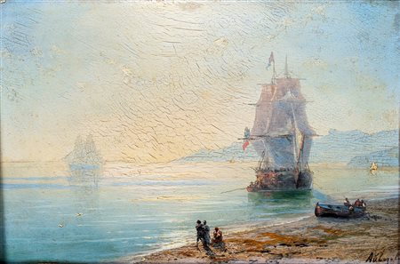 Pittore russo del XIX secolo, Marina con veliero - olio su tavola - cm 21x31