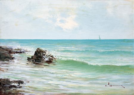 Pittore del XIX secolo - Paesaggio marino - olio su compensato - cm 50x70