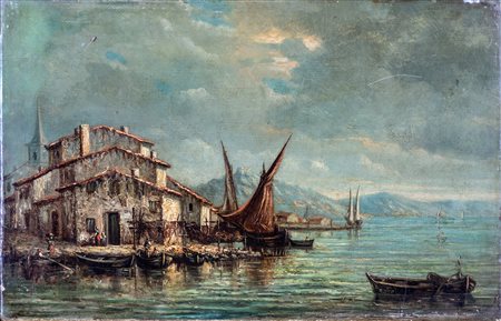 Pittore della fine del XIX secolo - Borgo marinaro - olio su tela - cm 35x53