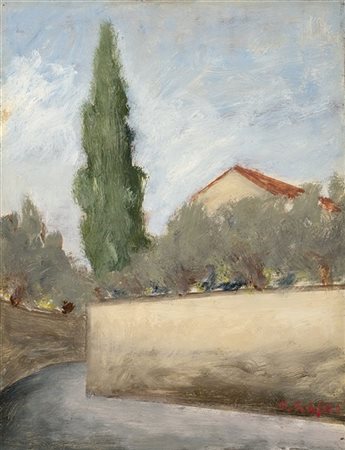Ottone Rosai "Paesaggio con cipresso" 1956
olio su tavola
cm 33x25
Firmato in ba