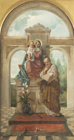 PITTORE ANONIMO<BR>"Madonna con Bambino e Santo" XIX secolo