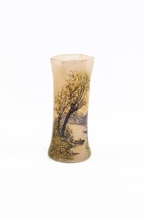 LEGRAS<BR>Vaso di forma esagonale decorato con scena di paesaggio con fiume e barca