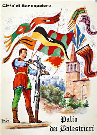 Ignoto BOZZETTO PER CARTOLINA COMMEMORATIVA. PALIO DEI BALESTRIERI tempera su...