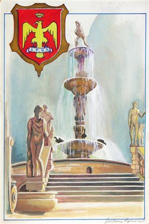 Ignoto BOZZETTO PER CARTOLINA COMMEMORATIVA. FONTANA ROMANA tempera su...