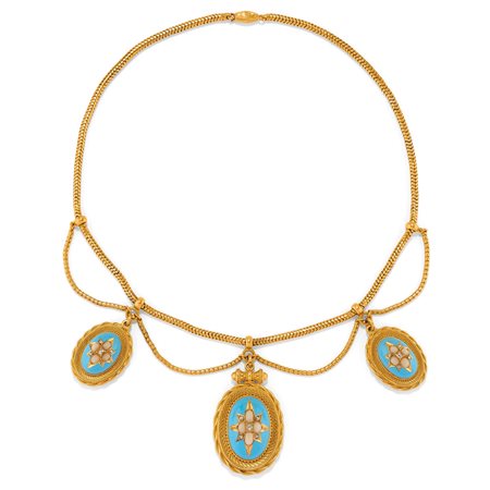 Collana con smalto, corallo e diamanti, XIX secolo