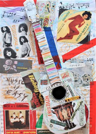 Giuseppe Chiari MUSIC IS EASY tecnica mista collage su tavola, cm 73x53 firma...