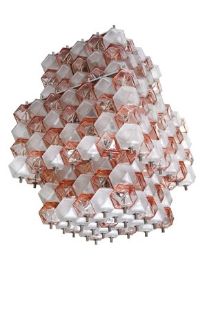 INTERLUX - Grande lampadario a cubetti in vetro soffiato rosa e bianco. Prod....