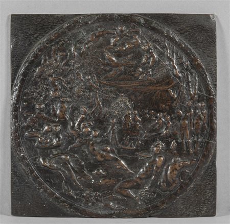 Scena mitologica, placca in bronzo a patina scura 