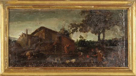 "Paesaggio con figure" olio sec.XVII, antica 
