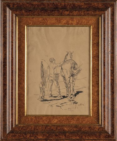"Soldato con cavallo" disegno, f.to G.Fattori, 