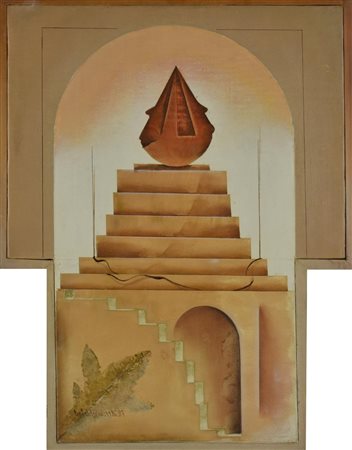 Cesare Paolantonio TORRE A SCALE E MONUMENTO olio su tela, cm 43x33x24 firma...