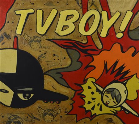 TvBoy EXPLOSION! acrilico e collage su tela, cm 80x90 sul retro: firma e data...