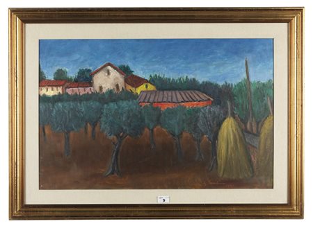 CERACCHINI GISBERTO (1899 - 1982) - Paesaggio con covoni e ulivi.