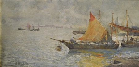 Attilio Pratella BARCHE DI PESCATORI acquerello e gouache su cartone, cm...