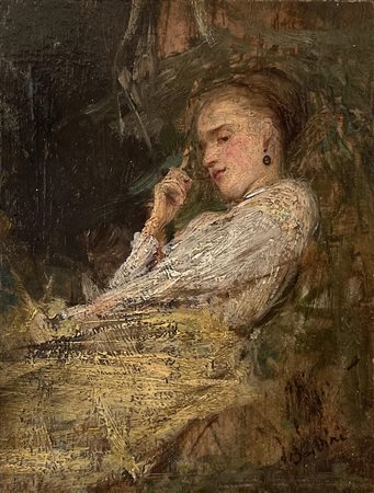 Giovanni Boldini GIOVANE SIGNORA CHE RIPOSA olio su tavoletta, cm 8,5x6,5...