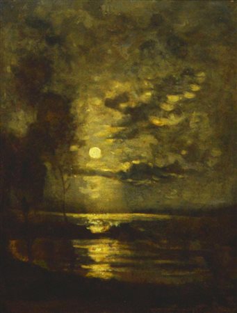 Théophile De Bock MARINA AL CHIARO DI LUNA olio su tela, cm 45,5x31,5