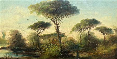 Henry Markò PAESAGGIO CON ALBERI olio su tavola, cm 21x38 firma