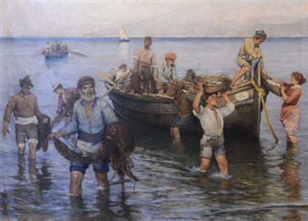 Alphons Hollaender IL RITORNO DALLA PESCA olio su tela, cm 140x190 firma