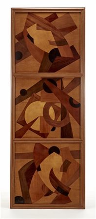 Boiserie composta da tre pannelli intarsiati in legni diversi con composizioni
