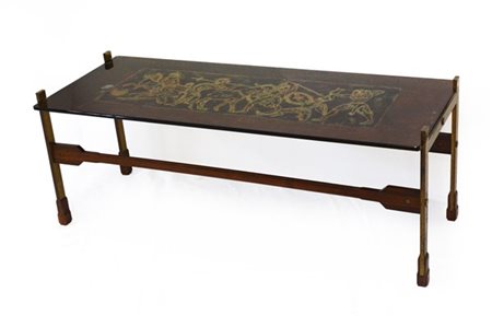 Tavolino da salotto con struttura in legno massello e ottone, piano in vetro re